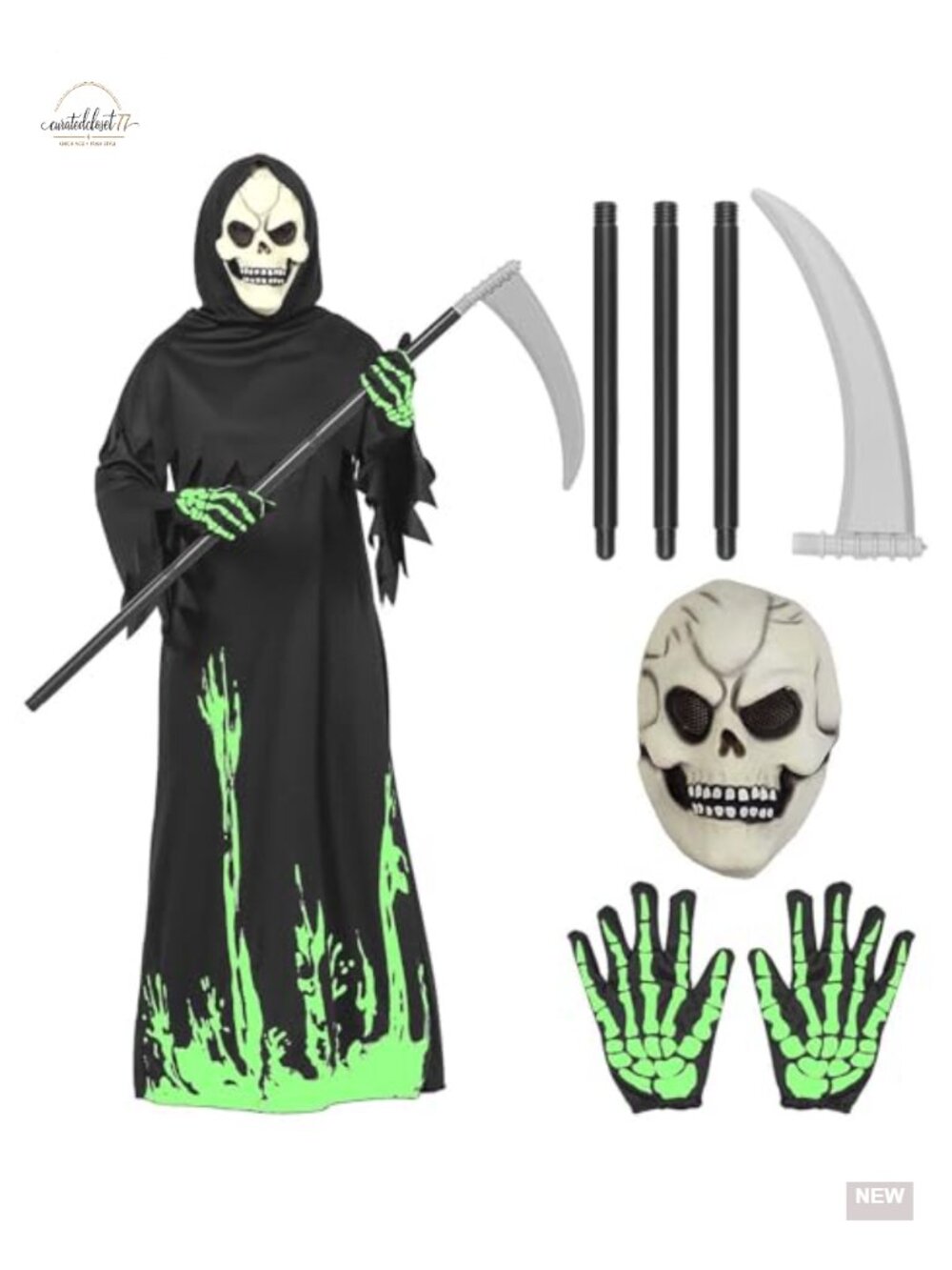 Kids Glow in the Dark Grim Reaper Costume Set with Robe Mask Scythe